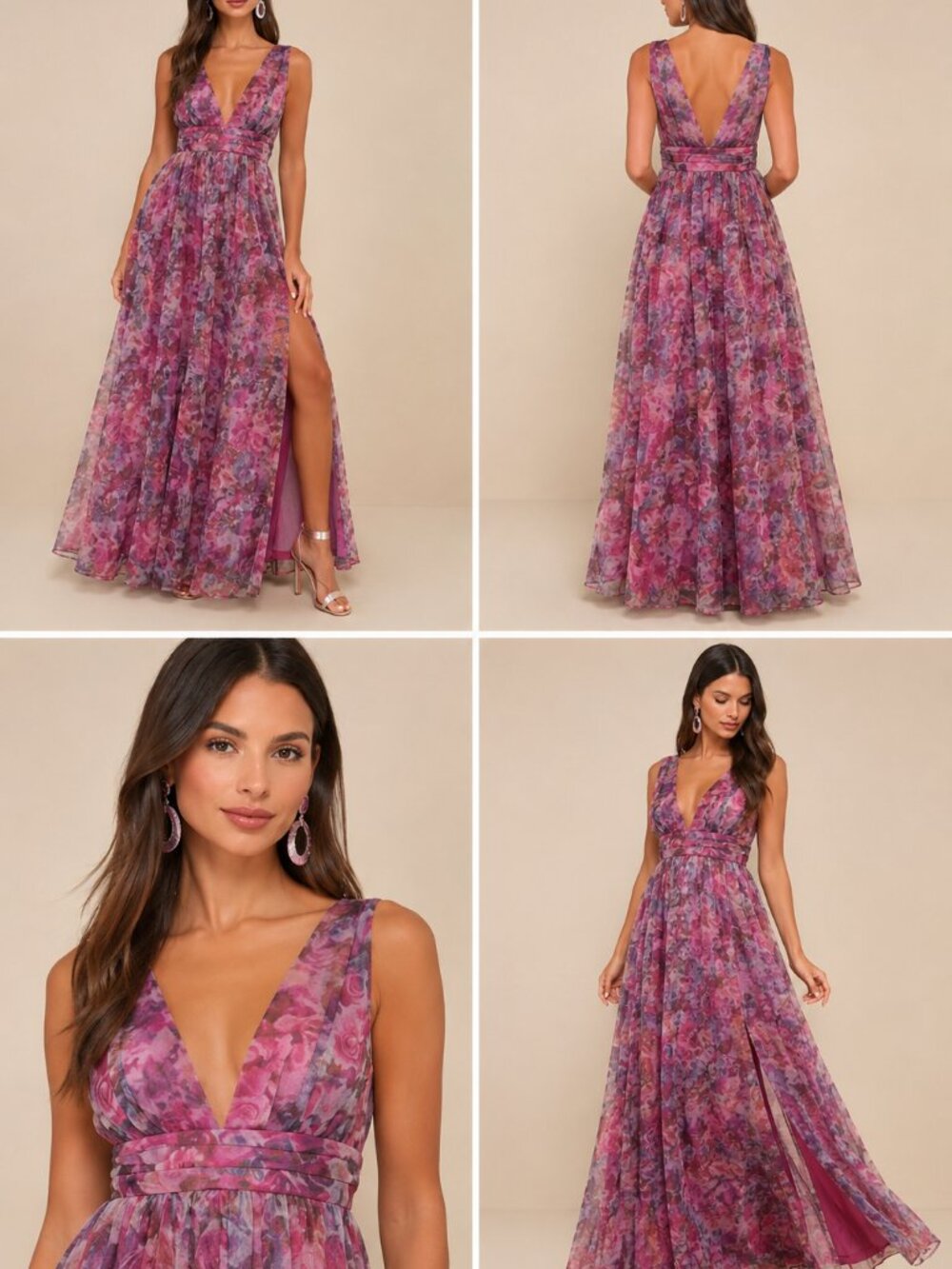 Lulu's Pink Floral V-Neck Maxi Dress with Side Slit